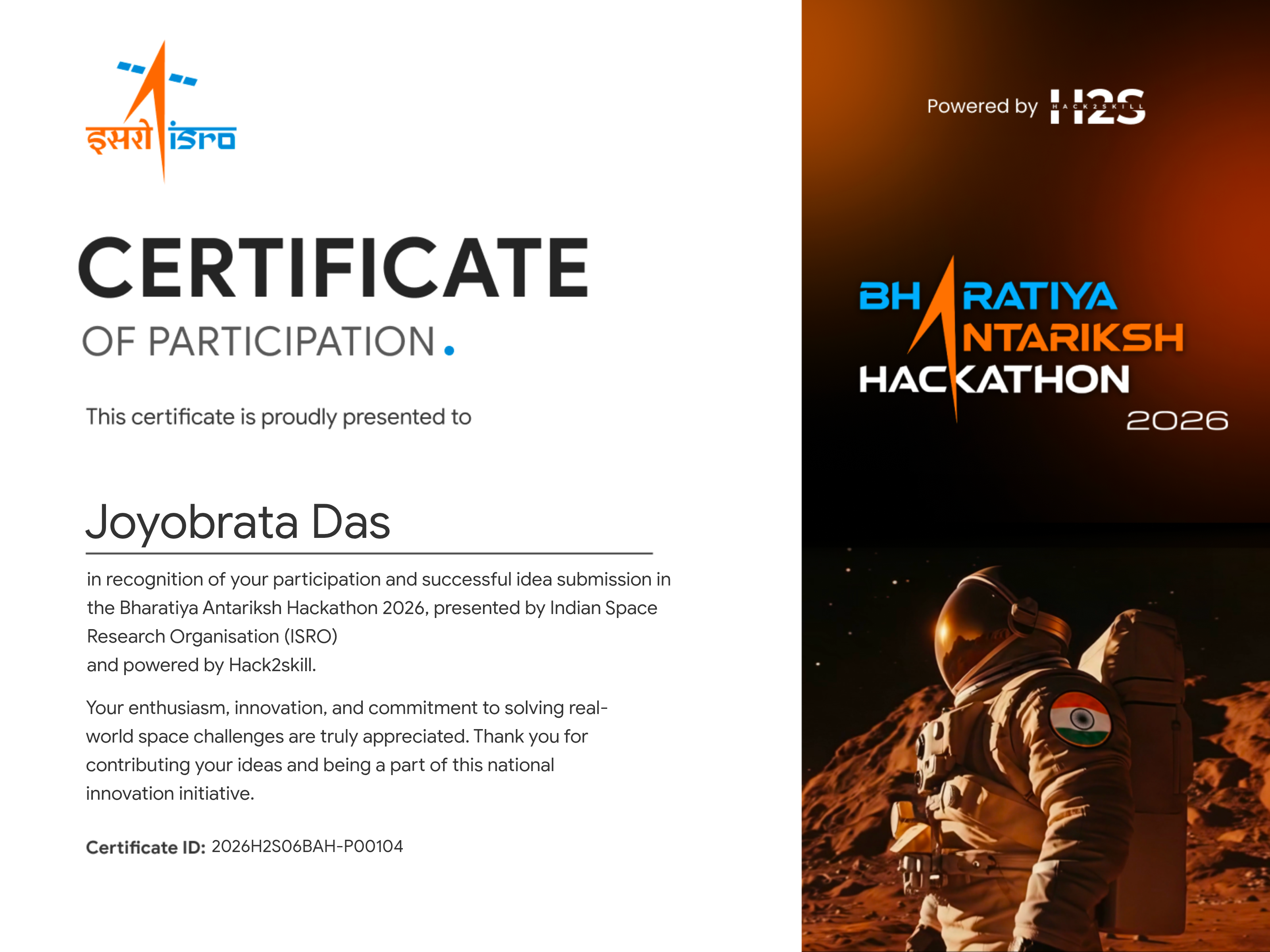 Bharatiya Antariksh Hackathon 2026 Certificate Preview